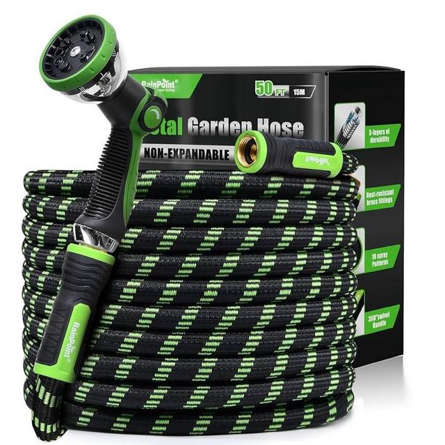 RAINPOINT Metal Garden Hose 50 ft - No-kink 304 Water Hose with 10 mode Nozzle - Brass Connection, Swivel Handle, Flexible Hose,Lightweight, Puncture