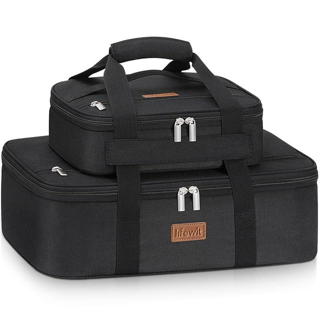 Lifewit Duo Insulated Casserole Carrier for Hot or Cold Food, Lasagna Holder 2 Compartments, Thermal Lunch Tote for Potluck Parties Cookouts, Fits 9"x13" Casserole Dish,Black