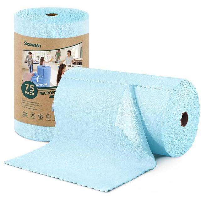 SOOWASH Microfiber Cleaning Cloths Roll, 75 Pack Tear Away Microfiber Towels Roll, 12" x 12" Lint Free Rags, Reusable Cleaning Cloths, Washable, Scratch Free,Ultra Absorbent Dish Rags(Blue)
