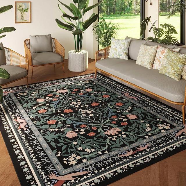 Vowkten 5x7 Washable Rug Vintage Floral Botanical Area Rug Non Slip Low Pile Large Rugs for Living Room, Bedroom, Farmhouse, Dining Room, Kids Playroom, Black