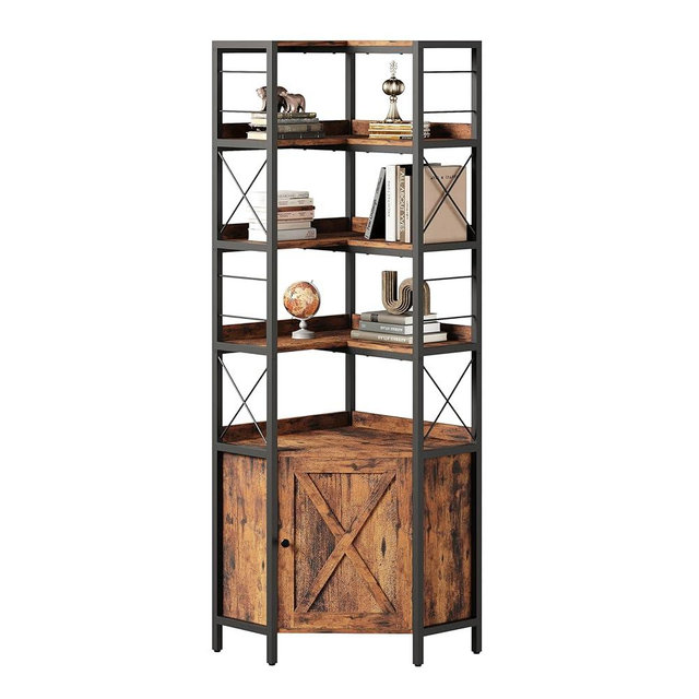IRONCK Bookshelves 5 Tiers, Corner Bookshelf with Baffles, Bookcase and Bookshelf with Doors, Industrial Display Bookshelves for Living Room, Kitchen