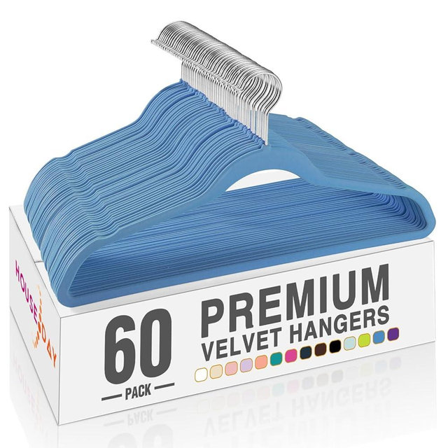 HOUSE DAY Tranquil Blue Velvet Hangers 60 Pack, Non Slip Clothes Felt Hanger Heavy Duty for Coat, Premium Slim Space Saving Suit Hangers for Closet Organizer, 360° Rotating Silver Hook