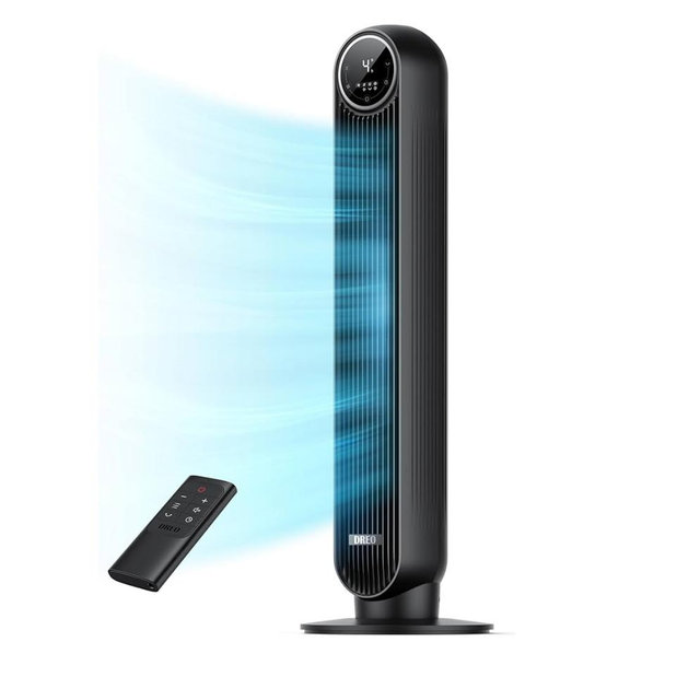 DREO Tower Fan for Bedroom, 2026 Upgraded DC Motor, 28ft/s High Velocity, 20dB Ultra Quiet Standing Fan, 8 Speeds 4 Modes, 90° Oscillating Bladeless Fan for Indoors, Floor Fans with Remote, Black