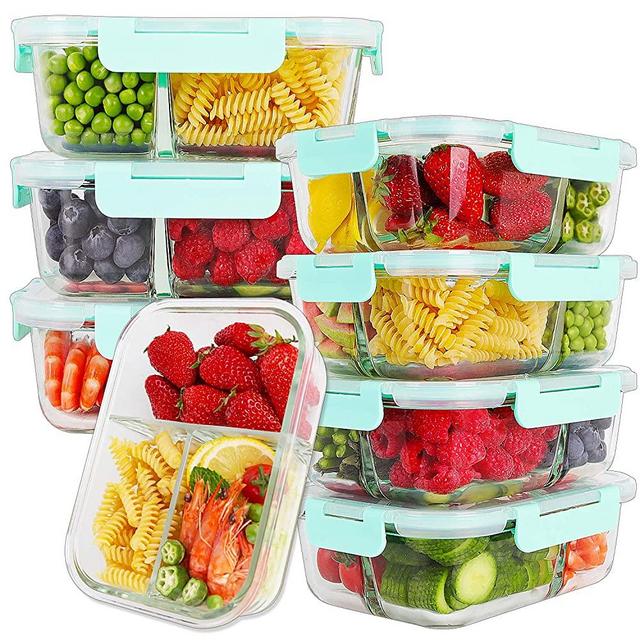 Bayco 8 Pack Glass Meal Prep Containers 3 Compartment, Glass Food Storage Containers with Lids, Airtight Glass Lunch Bento Boxes, BPA-Free & Leak Proof (8 lids & 8 Containers)