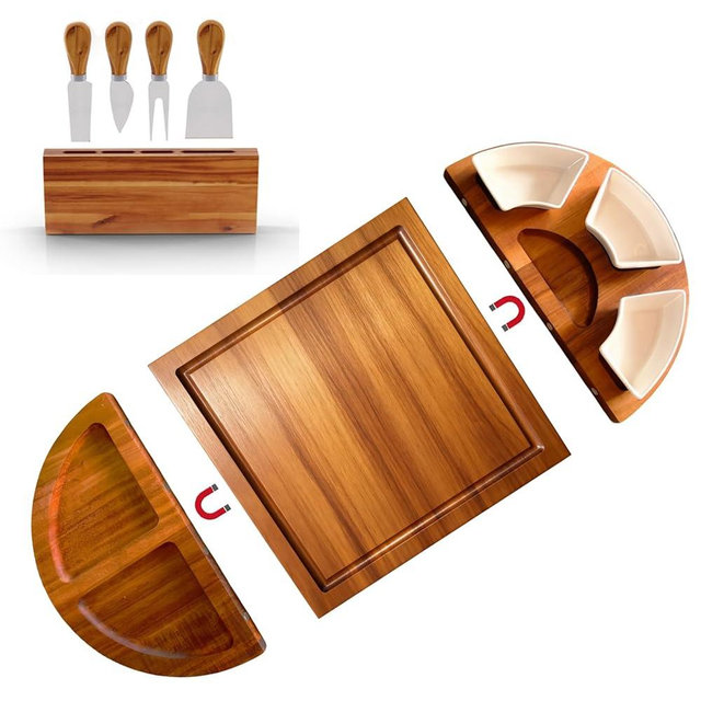 Charcuterie Board Set,3 Part Magnetic Square & Round Boards with 4 Knives Set & 3 Ceramic Dishs,Magnetic Acacia Wood Unique Serving Tray for Party, Mother's Day, Wedding Gift