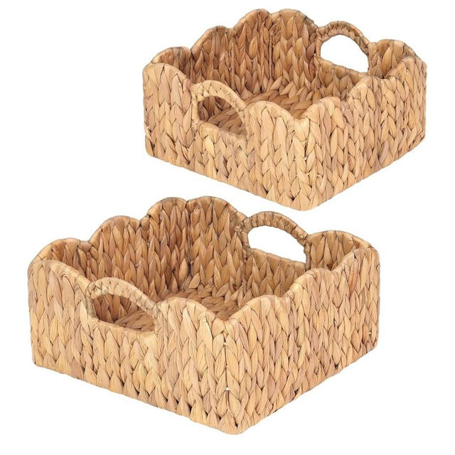 Scalloped Baskets (Natural-Set of 2) Basket Living Room Organizer, Water Hyacinth Baskets For Decor, Woven Basket for Bathroom, Bedroom, Laundry. Hyacinth Storage Basket with Built-in Handles
