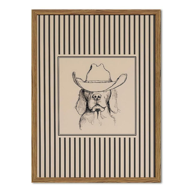 Vintage Western Cowboy Dog Wall Art Cute Southwestern Dog Wall Decor Painting, Retro Striped Western Animal Poster Canvas Print Picture for Living Room Bedroom 12x16 inch Wood Framed
