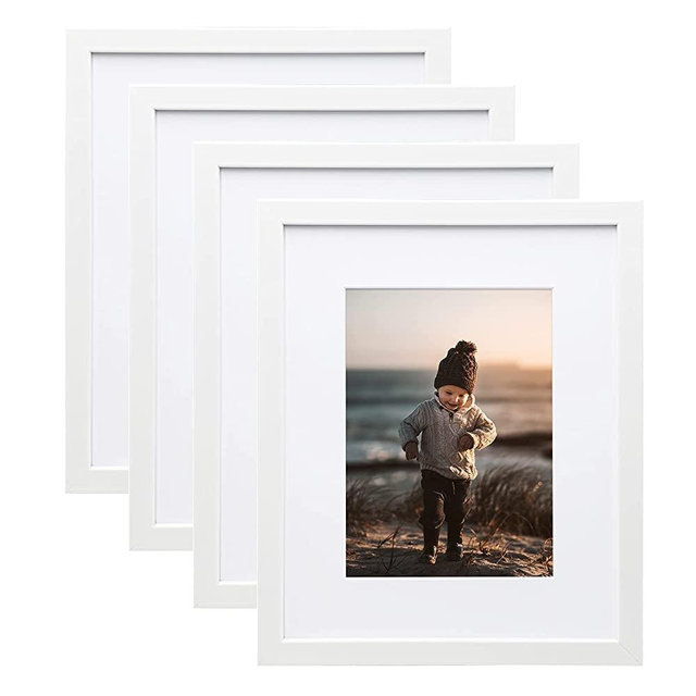 KINLINK 8x10 Picture Frames White, Photo Frames with Real Glass for Picture 5x7 with Mat or 8x10 without Mat, Composite Wood Picture Frames for Table Top and Wall Mounting, Set of 4