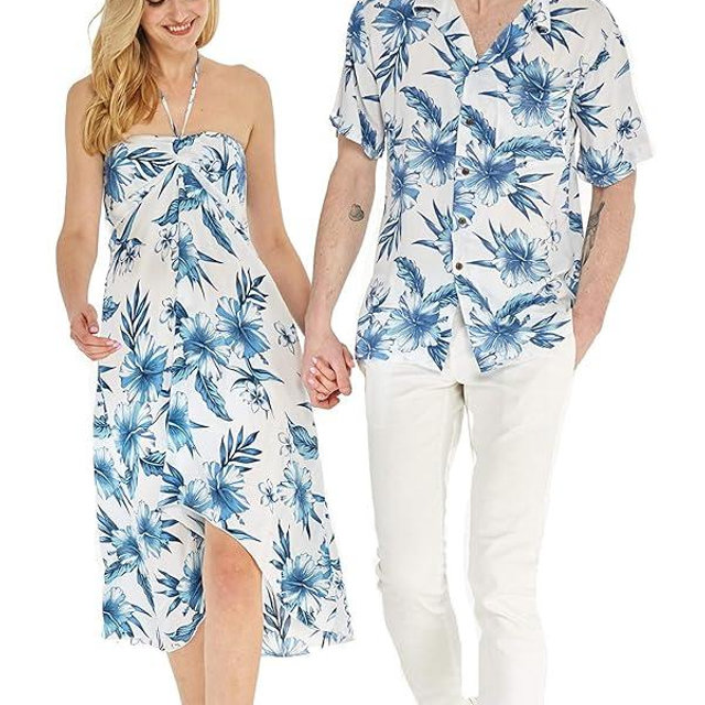 Couple Matching Hawaiian Luau Party Outfit Set Shirt Dress in Black Rafelsia