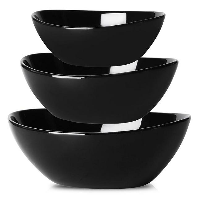 Hasense Porcelain Serving Bowls Set of 3, Black Salad Bowls Large Serving Dishes for Entertaining, 42-36-28 Ounce Bowl Set for Salad Soup Pasta Popcorn, Dishwasher Microwave Safe, Set of 3