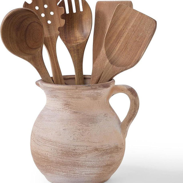 MIYUKI Rustic Kitchen Utensil Holder - 7.6 Inch Ceramic Utensil Crock for Countertop, Vintage Kitchen Counter Decor