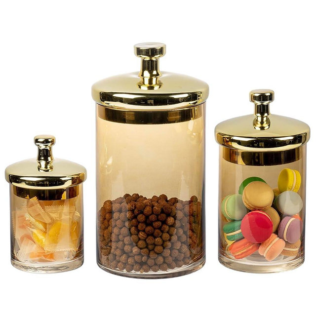 MyGift Glass Apothecary Jar Set with Brass Lids, Decorative Kitchen and Bathroom Storage Canisters, Wedding Centerpiece Jars, Candy Buffet Containers
