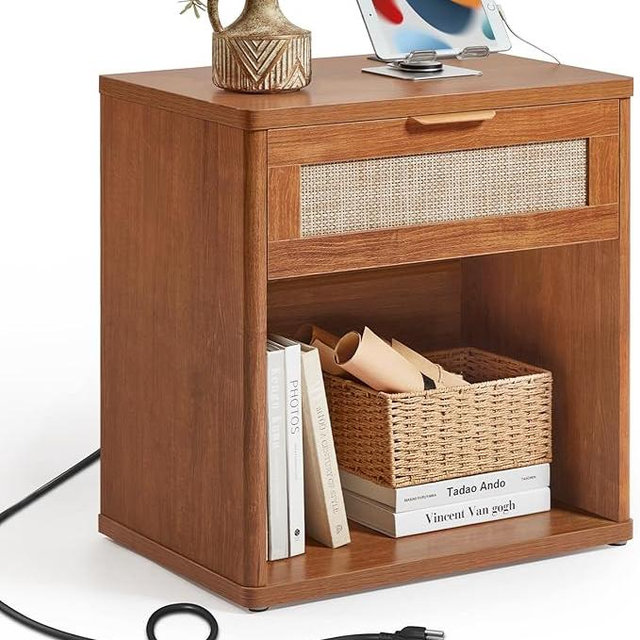LEYAOYAO Rattan Nightstands Set of 2 with Charging Station, Tea Brown Night Stand with Drawer, 23" Wide Boho Bedside Table with Storage Shelf, Bed Side End Tables for Bedroom, Living Room, Hallway