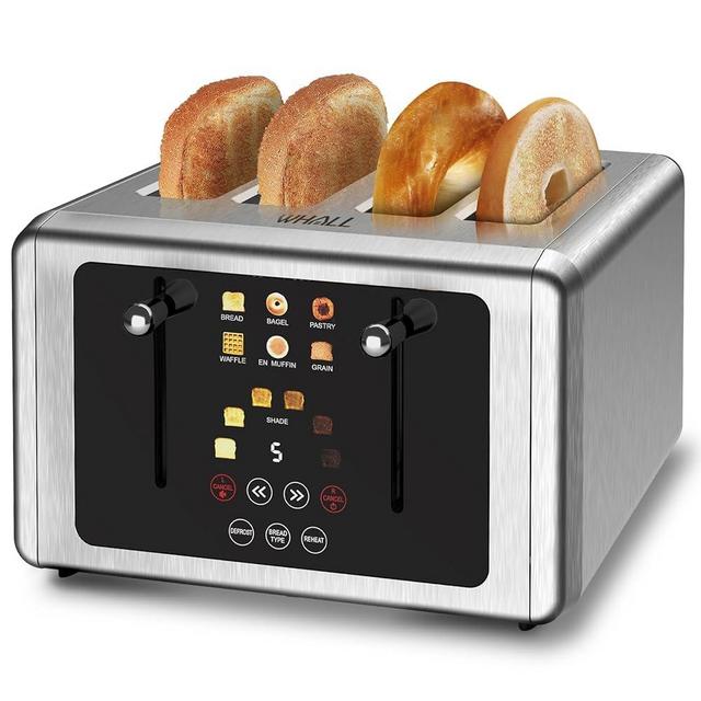 whall 4 Slice Touch Screen Toaster, Stainless Steel Toasters Digital Timer, Dual Control Panel Toasters，6 Shade Settings＆6 Bread Types, Smart Wide Slots, Bagel, Cancel, Defrost,Round Lever Silver
