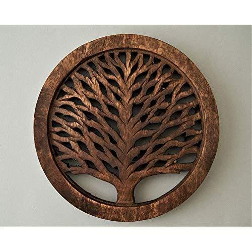 Christmas Gifts Set of 2 Wooden Trivet Tea Pot Holder Tree of Life Design Heat Resistant Durable Handmade Mango Wood Kitchen Dining Table Accessories Dia 8'' Inch (Set of 2 Walnut)