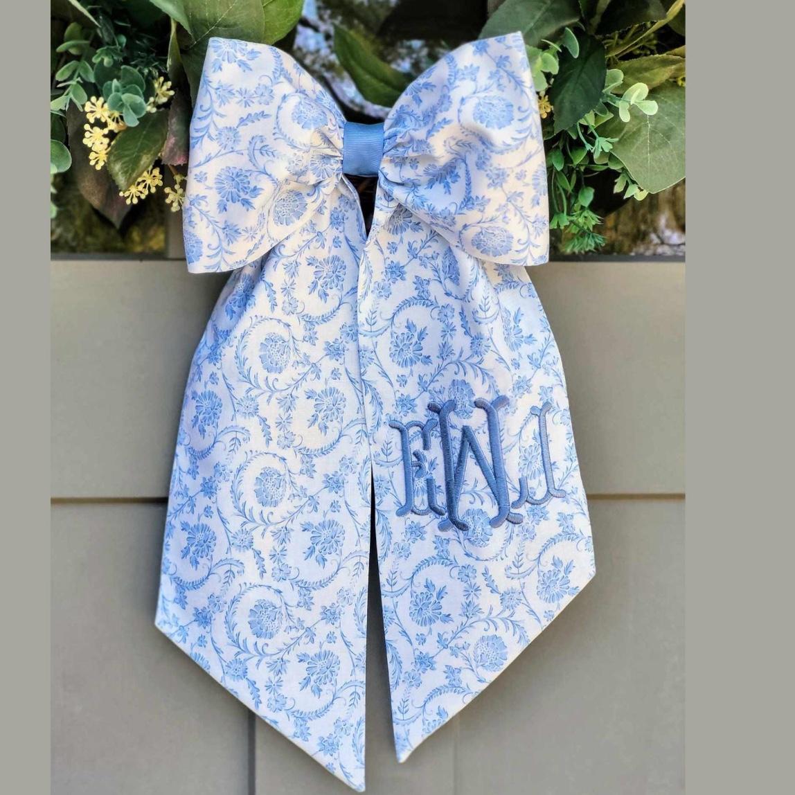 Bow Light Blue Chinoiserie Sash for Boxwood Wreath Chinoiserie Blue Embroidered Scarf for Front Door Wreath Decor Monogrammed Bow for Mirror