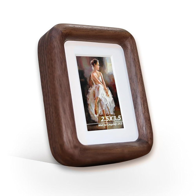 RRQKMBO 2.5x3.5 Natural Dark Walnut Solid Wood Picture Frames, Hand Make Crafted Original Wood Small Cute Frame with Mat to 2x3,Rounded Edge Wooden Photo Frame, For TableTop and Wall