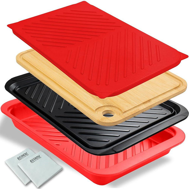 ECOIOU Grilling Prep and Serving Tray with Lid, Bamboo BBQ Deep Trays for Marinating Raw and Cooked Food, Melamine Serving Trays for Food, Black and Red