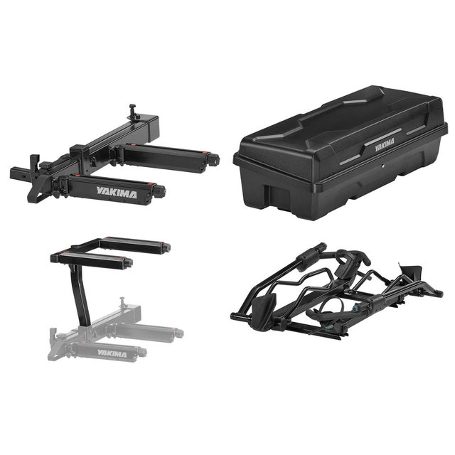 Yakima EXO SwingBase Hitch Bike Rack Bundled with EXO GearLocker Car Rooftop Box, EXO TopShelf Hitch Base Rack Storage, and EXO DoubleUp, Black