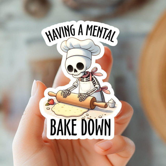 Skeleton Baking Sticker-'I'm Having a Mental Bake Down Humorous Vinyl Decal-Funny Kitchen Decal-Gift For Bakers & Cooks-Spooky Baking Decal