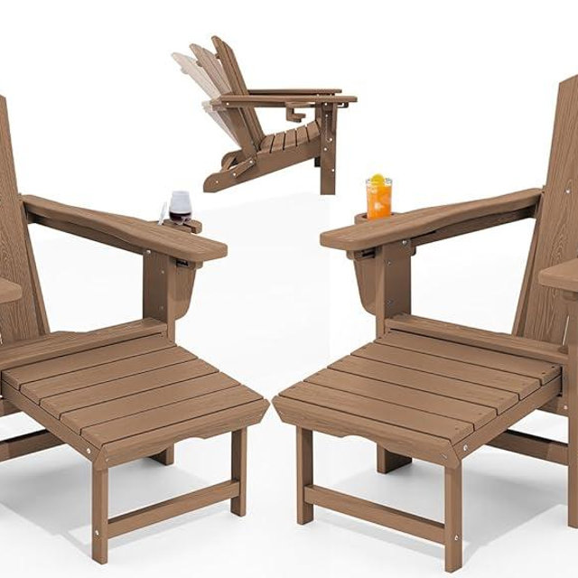 KINGYES Folding Adjustable Adirondack Chair with Ottoman & 2 Cup Holders Set of 2, HDEP Multifunctional Adirondack Chair with Footrest, Brown
