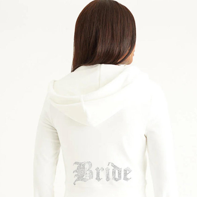 Size: L - Silver - Bride Customizable Big Bling Velour Hoodie