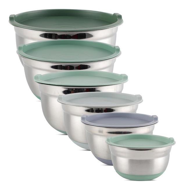 COOK WITH COLOR Stainless Steel Mixing Bowls Set with Lids - Nesting Bowls with Non-Slip Bottom, Sage, 12 Pieces