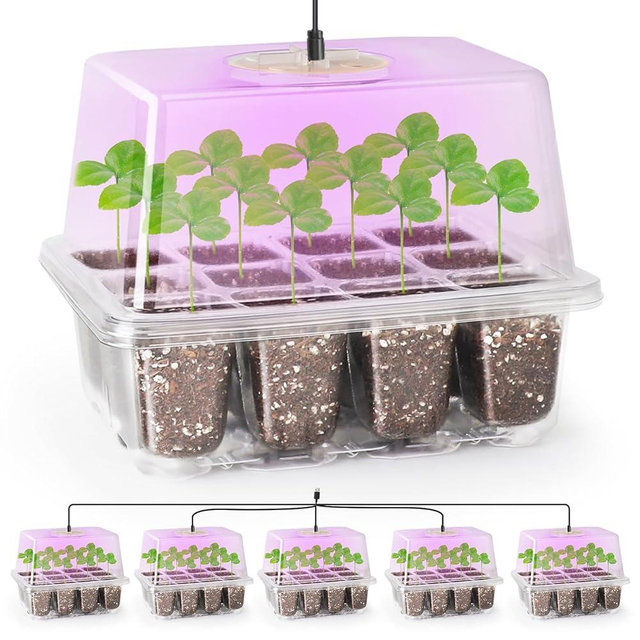 Bonviee 5 Packs Seed Starter Tray with Grow Light, Elevated Seedling Starter Trays Kits with Adjustable Humidity Domes and Clear Cell Tray, 8 full spectrum led lamp beads for Plants Indoor-Clear