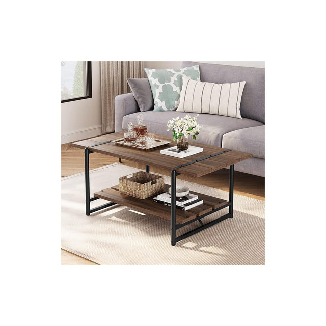 2-Tier Farmhouse 41'' Large Wood Coffee Table with Shelf -Modern Rustic Metal Rectangle Center Living Room