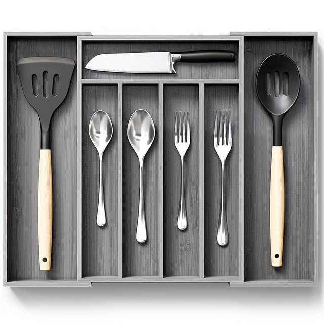 AUJEN Bamboo Silverware Organizer - Expandable Drawer Organizer, Adjustable Utensil Organizer, Kitchen Cutlery Drawer Organizer, Kitchen Organizers and Storage Holder for Flatware, 5-7 Slots, Gray