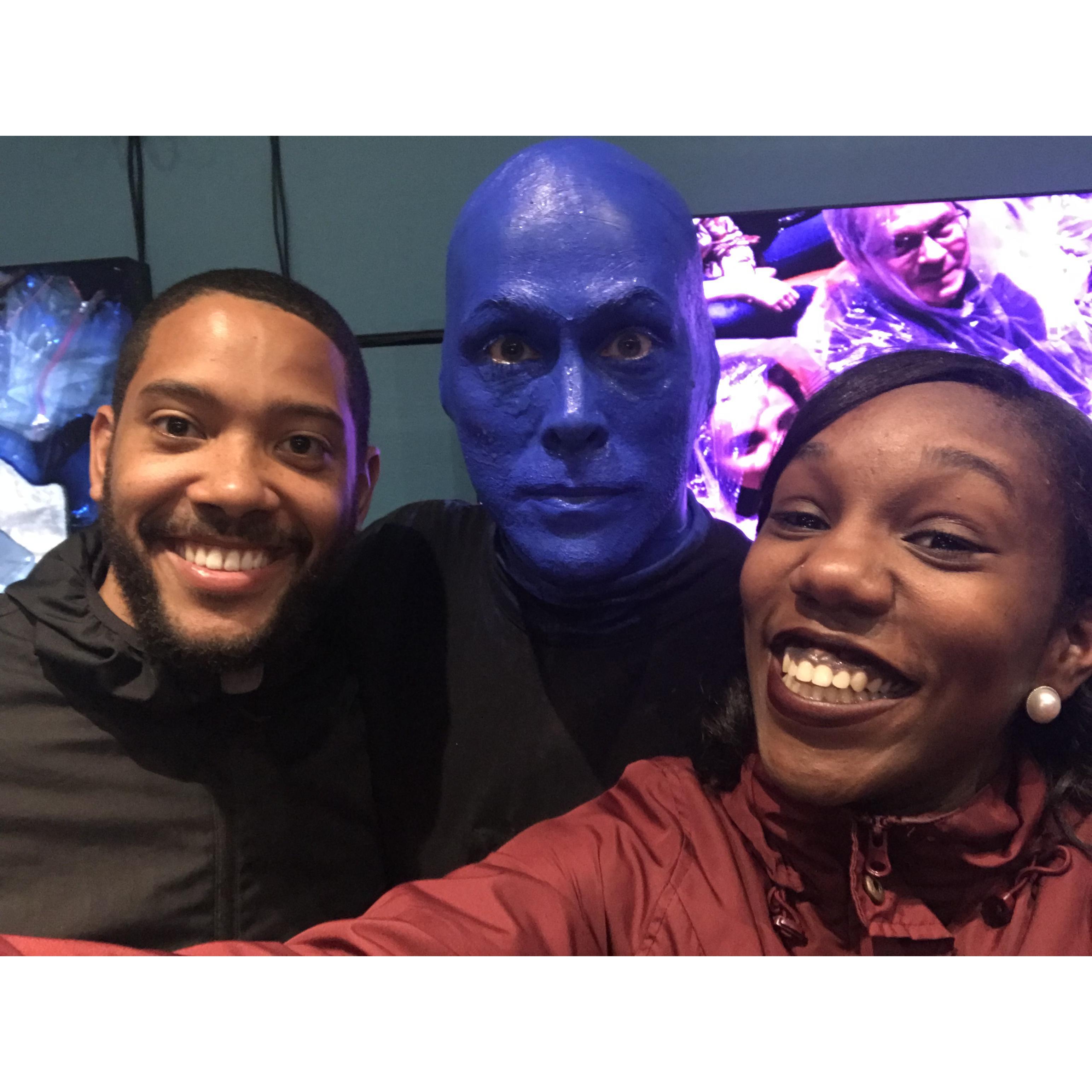 that time Chase tried to get a member of the Blue Man Group to smile..this is the best we got.