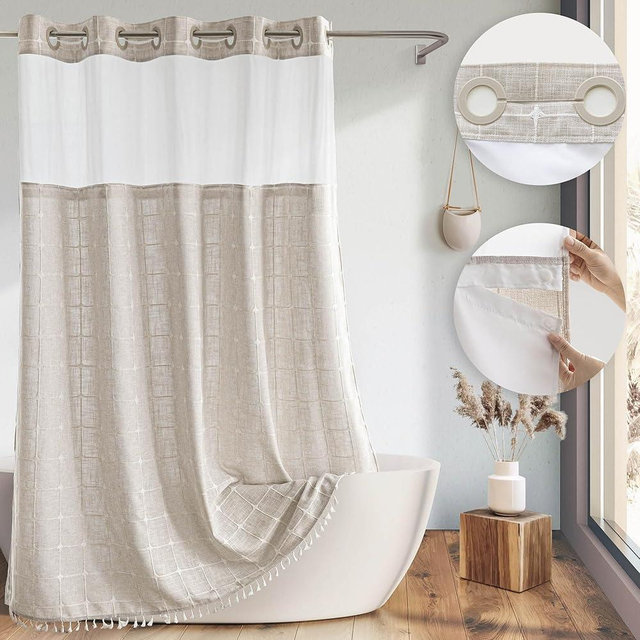Farmhouse Shower Curtain with Snap-in Liner,No Hooks Needed, Fabric Shower Curtains with Tassels for Rustic Bathroom Decor,with Window,with Magnets,Water Repellent&Machine Washable,Linen,71x74Inch