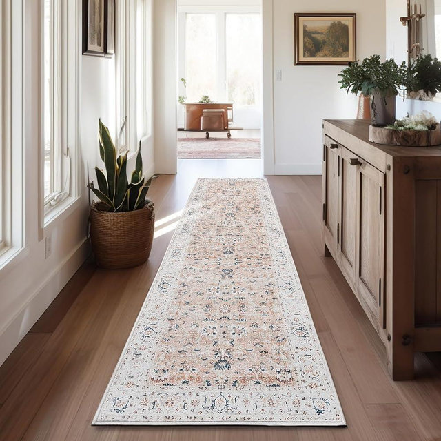 jinchan Hallway Runner Rug 2x8 - Vintage Kitchen Rug Washable Runner Floral Boho Floor Cover Lightweight Non Slip Thin Retro Distressed Carpet for Bathroom Laundry Room Bedroom Stairway Pink Blush