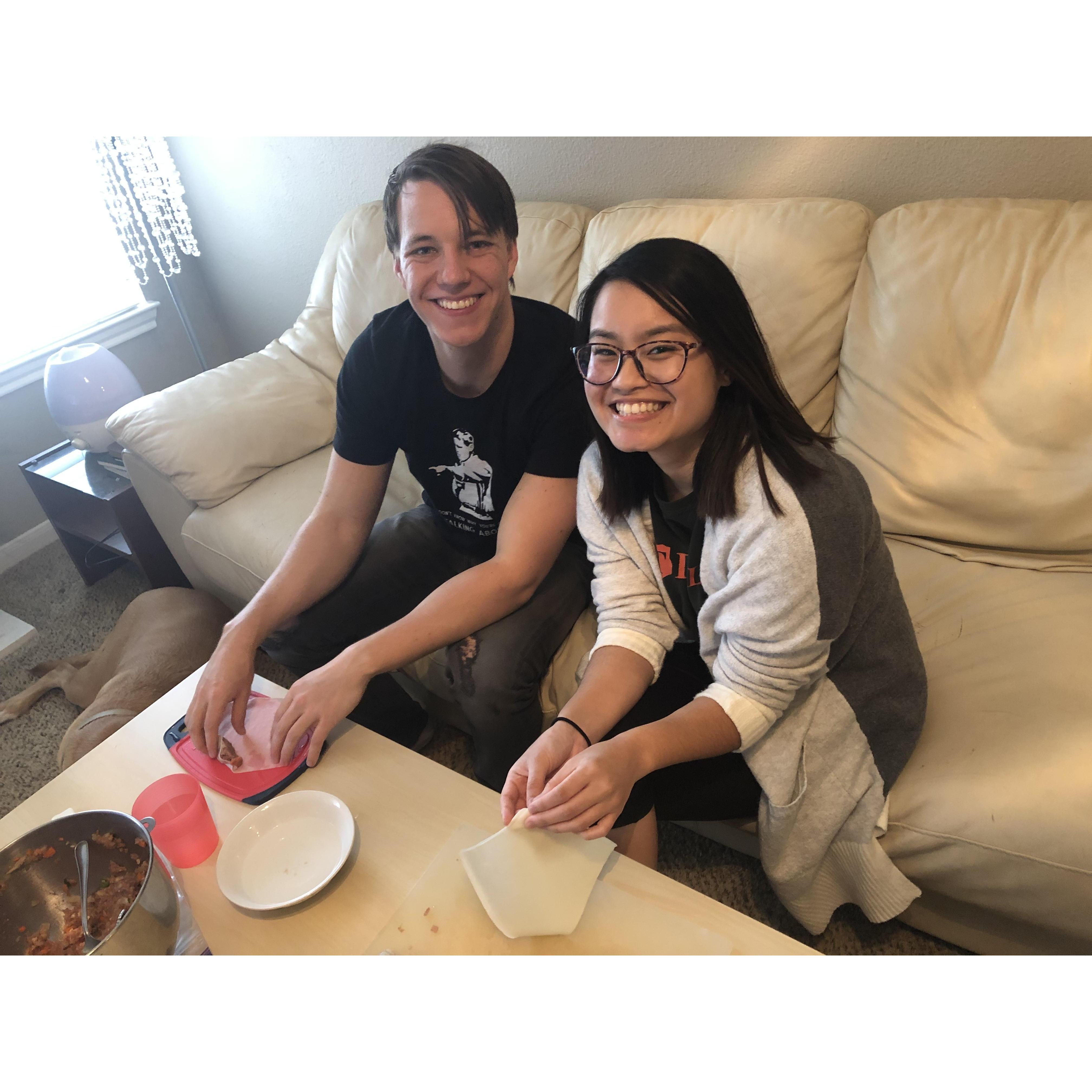 Making Filipino eggrolls for one of the many friendsgivings we atttended in 2019. Noah became an expert at making lumpia.