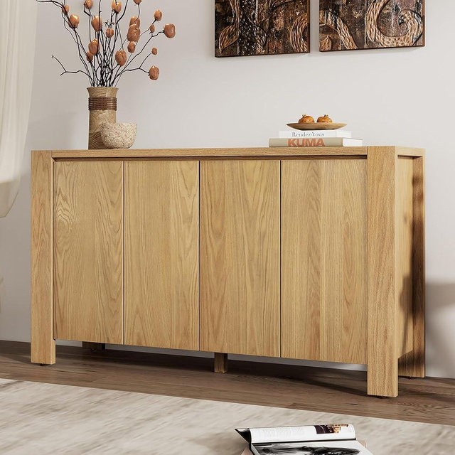 HZSSDTKJ 59" Retro 4-Door Accent Storage Cabinet with Distressed Finish and Adjustable Shelves, Wooden Buffet Sideboard with Adjustable Foot Pads for Dining Room, Kitchen and Living Room (Natural-05)