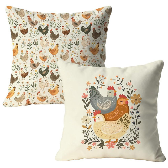 Fyecoluo Rustic Floral Chicken Pillow Covers 18x18, Chicken Lover Lady Mom Gifts, Cottagecore Flower Farmhouse Hen Decorative Throw Pillow Covers for Home Bedroom Living Room, Set of 2
