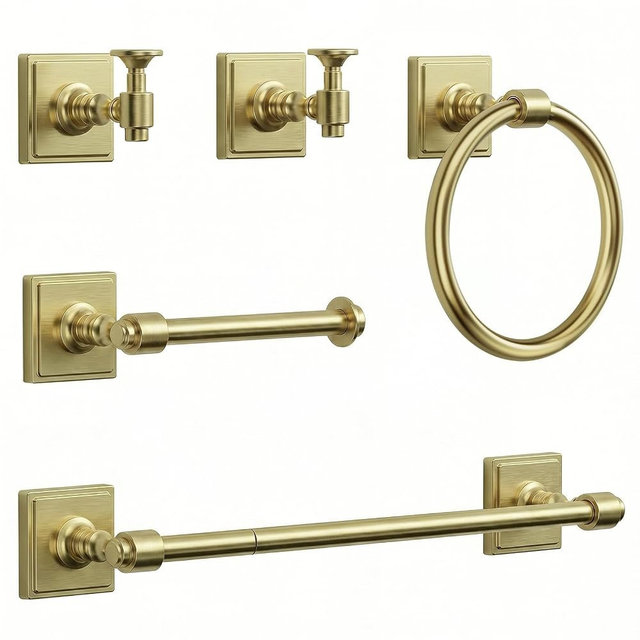 VEHCIL Brushed Gold Bathroom Towel Bar Set, 5 Piece Bathroom Hardware Accessory Set, SUS304 Stainless Steel 24" Towel Rack Holder Set for Bathroom, Wall Mounted