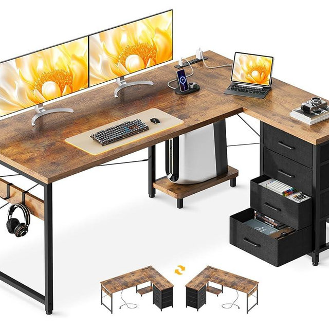 Casaottima 53'' L Shaped Desk with Drawers, Reversible Computer Desk with Storage, Gaming Table with Power Outlets, USB Ports, PC Case Shelf, Corner Desk for Home Office, Easy Assembly, Vintage