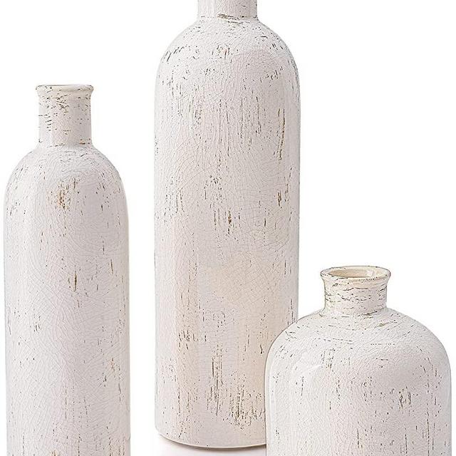 Ceramic Vase Set- 3 Small Vases, Modern Farmhouse Home Decor Accents, Boho Rustic Decorative Vases for Living Room, Entryway, Table, Bookshelf, Mantel, Centerpieces, Shelf, Pampas Grass (Off-White)