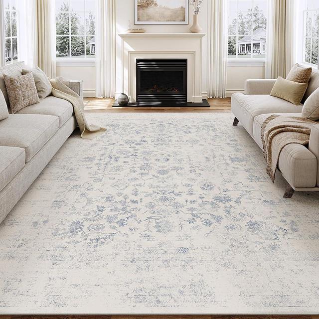 HUGEAR 8x10 Living Room Rugs Light Blue Machine Washable Area Rug Retro Floral Vintage Low Pile Carpet Lightweight Distressed Throw Large Rugs for Bedroom Office Dining Laundry Non Slip
