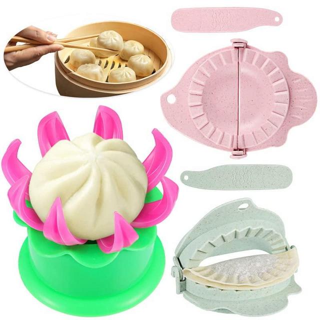 Potchen 5 Pieces Bun Maker Bun Dumpling Maker Steamed Stuffed Plastic Mold and Filling Spoon Cooking Tools Set for Cooking Delicious Baozi and Jiaozi (Green, Pink)