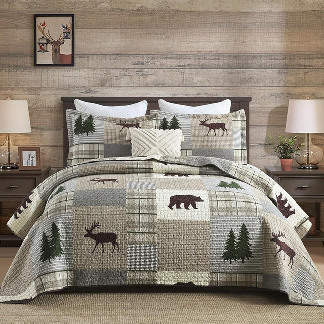 Finlonte Quilts Queen Size, 100% Cotton Queen Size Quilt, Lodge Cabin Farmhouse Queen Quilt, Grayish Brown Green Plaid Lightweight Soft Quilted Bedspread Sets for All Season, 3 Pieces