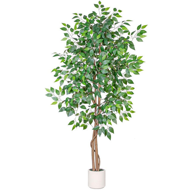 VIVATREES 6FT Artificial Ficus Tree with White Planter, Realistic Faux Silk Indoor Outdoor Plant for Home Office Living Room, Porch, Garden Decor