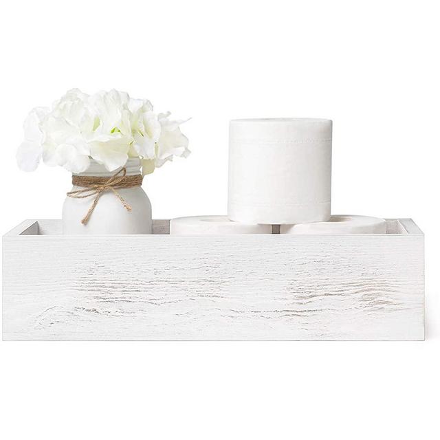 Mkono Bathroom Decor Box Toilet Paper Holder Wood Tank Box Storage Bin Basket with Mason Jar and Silk Flower Bathroom Kitchen Table Counter Funny Farmhouse Rustic Home Decor, White