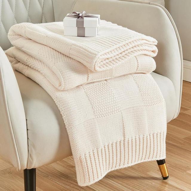 CozeCube Knit Throw Blanket, White Checkered Throw Blanket for Couch, Soft Cozy Warm Knitted Throw Blanket for Bed Sofa Living Room, Decorative Fall Throw Blanket 50"X60", Cream White