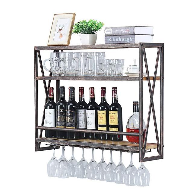 Industrial Wine Racks Wall Mounted with 8 Stem Glass Holder,31.5in Rustic Metal Hanging Wine Holder Wine Accessories,3-Tiers Wall Mount Bottle Holder Glass Rack,Wood Shelves Wall Shelf(Bronze)