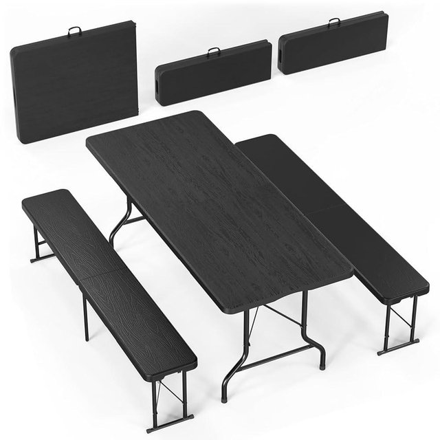 Bonnlo Black Folding Picnic Table Set with 2 Benches, 6 Feet Camping Table Chair Set, Modern Portable 3-Piece Furniture for Indoor/Outdoor Use, White Folding Picnic Table with Smooth Tabletop
