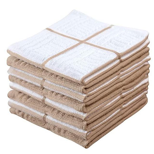 Sticky Toffee Cotton Terry Kitchen Dishcloth, 8 Pack, 12 in x 12 in, Tan Check