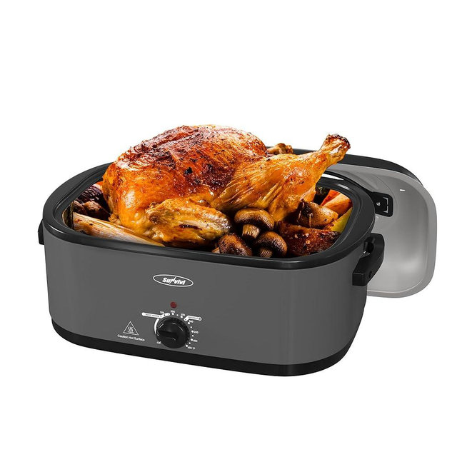 Sunvivi Roaster Oven, Electric Roaster Oven with Viewing Lid, 30lb 26-Quart Turkey Roaster with Unique Defrost/Warm Function, Large Roaster with Removable Pan & Rack, Stainless Steel, Grey