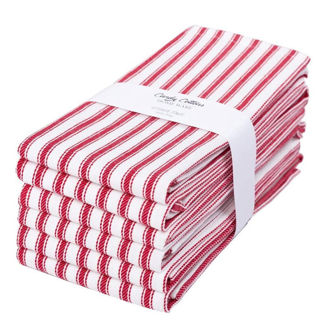 Candy Cottons Set of 6 Kitchen Dish Towels, 100% Cotton Kitchen Towels, with Hanging Loop, Dishcloth Sets for Washing & Drying Dishes, Tea Towels & Hand Towels 18x28, French Stripe, Red